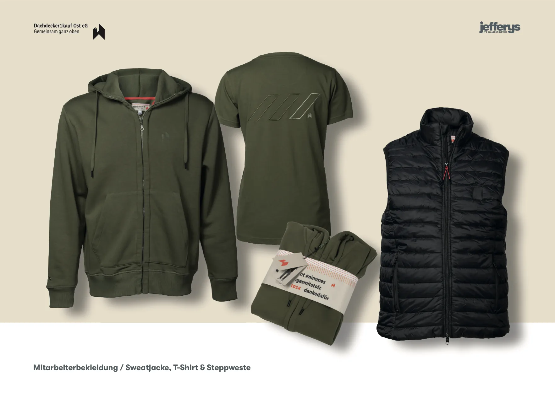 Jefferys Imagebook, Seite 37 von 38 – Mitarbeiterbekleidung: Sweatjacke, T-Shirt & Steppweste