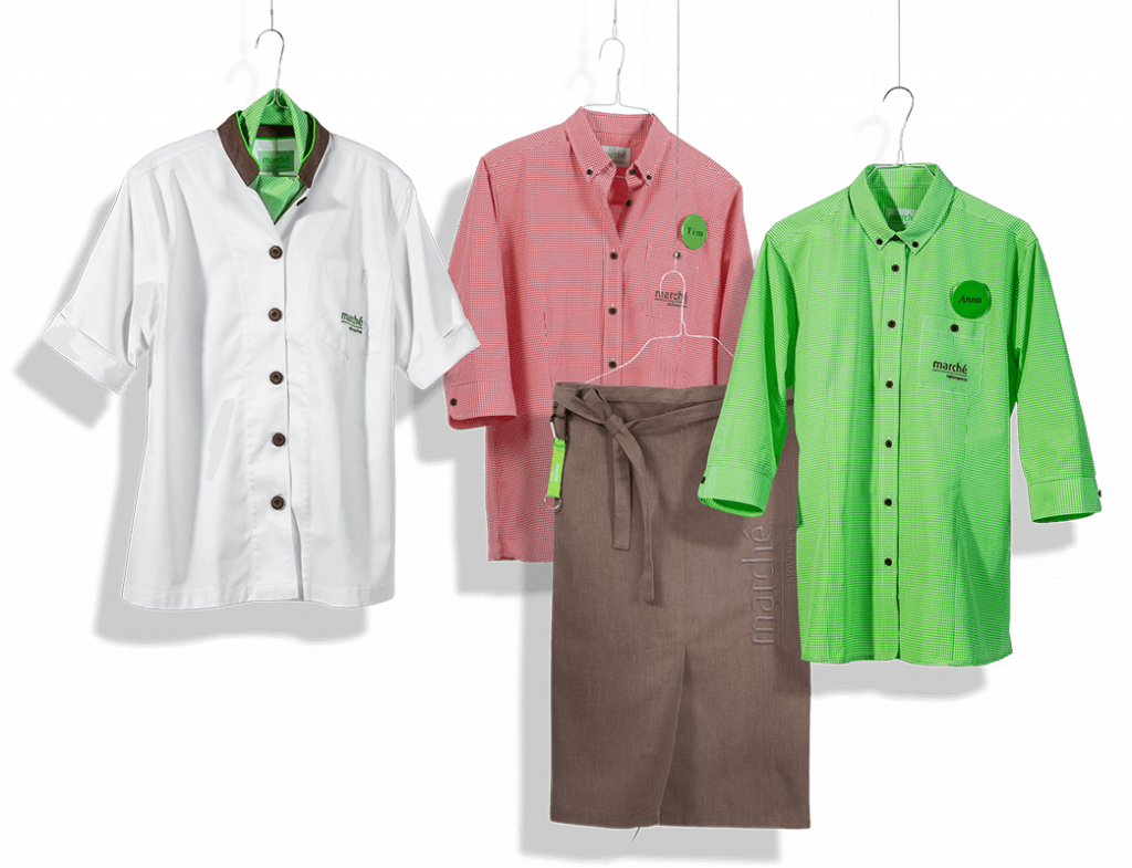 Individuelle Arbeitskleidung für Marche bestehend aus Kochjacke, Hemd, Bluse und Schürze