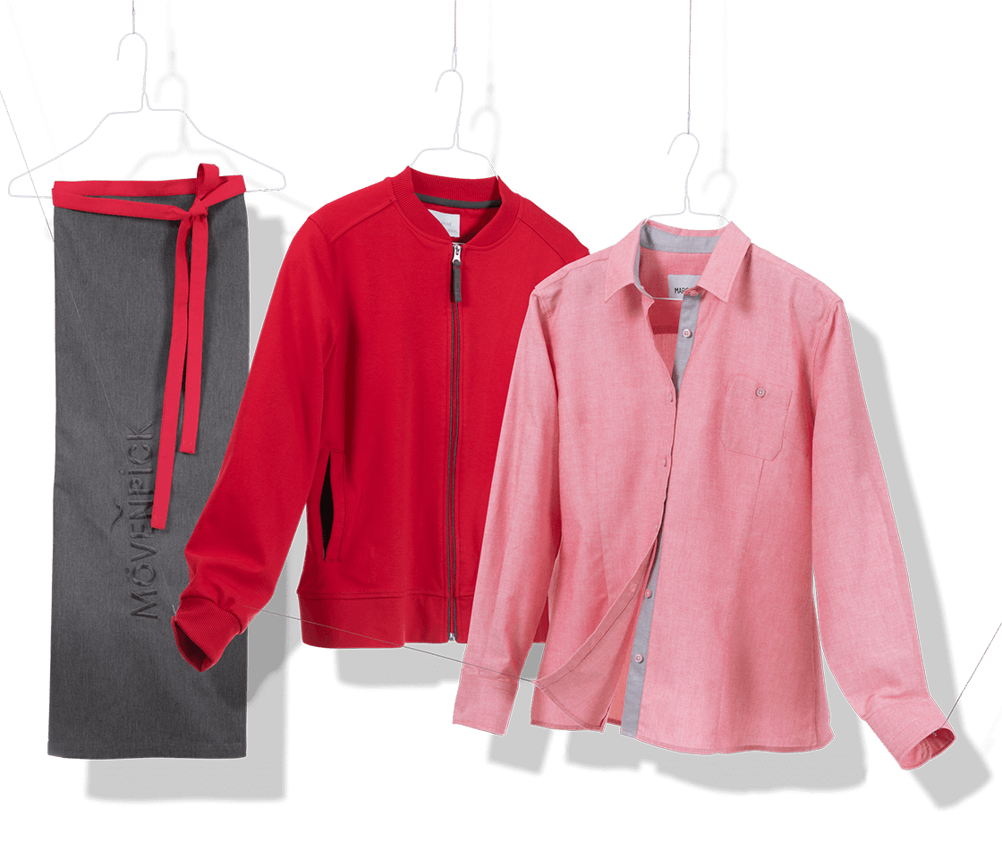 Beispiel Dienstkleidung. Schürze und Hemd und rote Jacke für Mövenpick