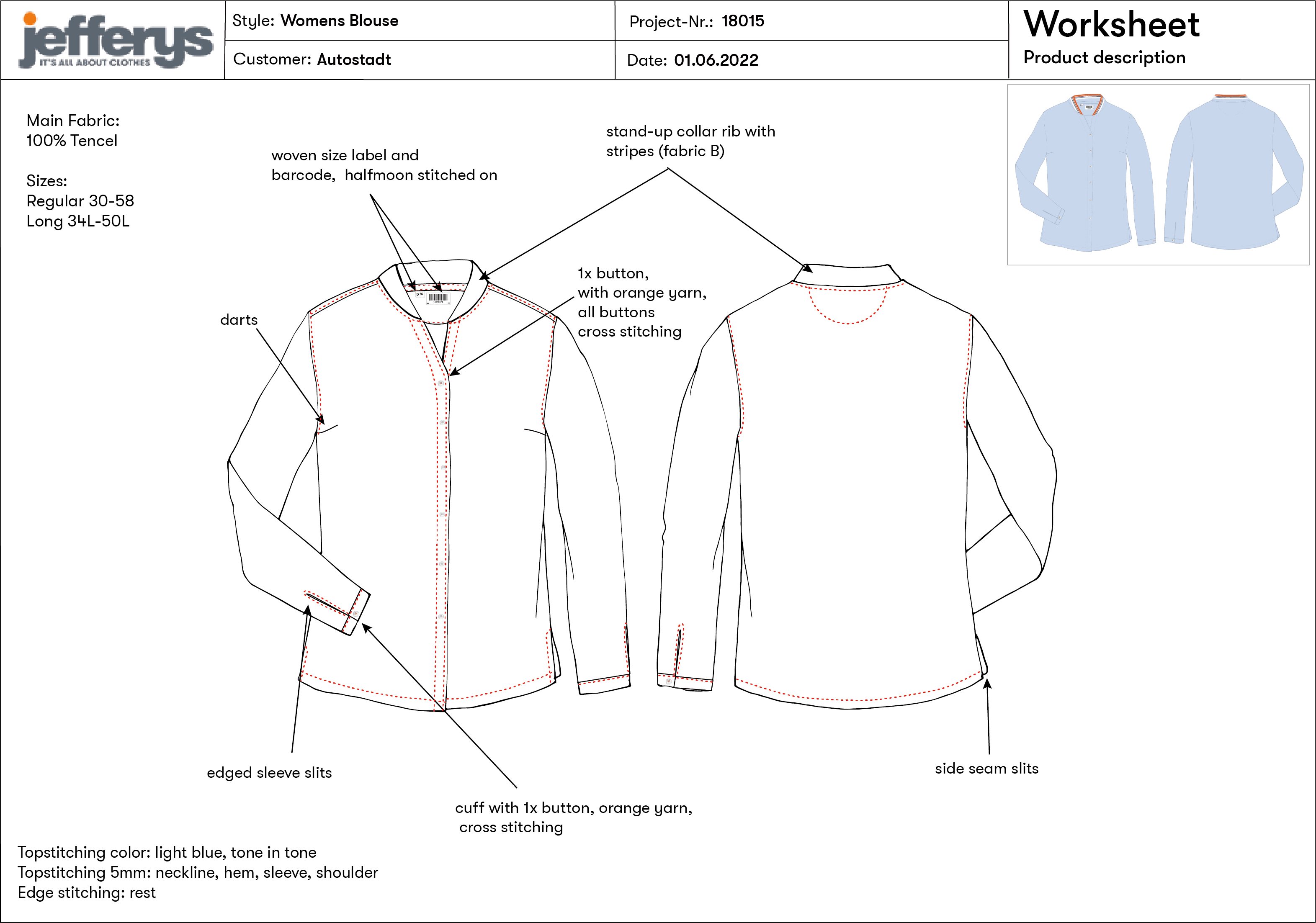 Worksheet für die Produktion von einem Hemd mit Anmerkungen
