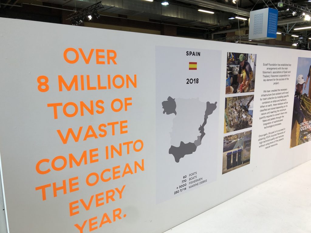 Fakten auf einer Wand bei einer Messe zur Nachhaltigkeit in der Textilindustrie 